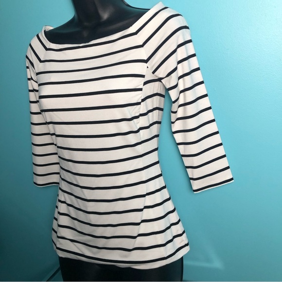 ⭐️NEW⭐️White House Black Market (WHBM) 3/4 Sleeve Boat Neck Striped Knit Top - Picture 2 of 8